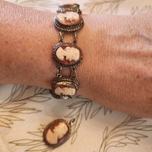 Vintage Hand Carved Shell Cameo Bracelet, Pendant by Giuseppe Mandile 1940's